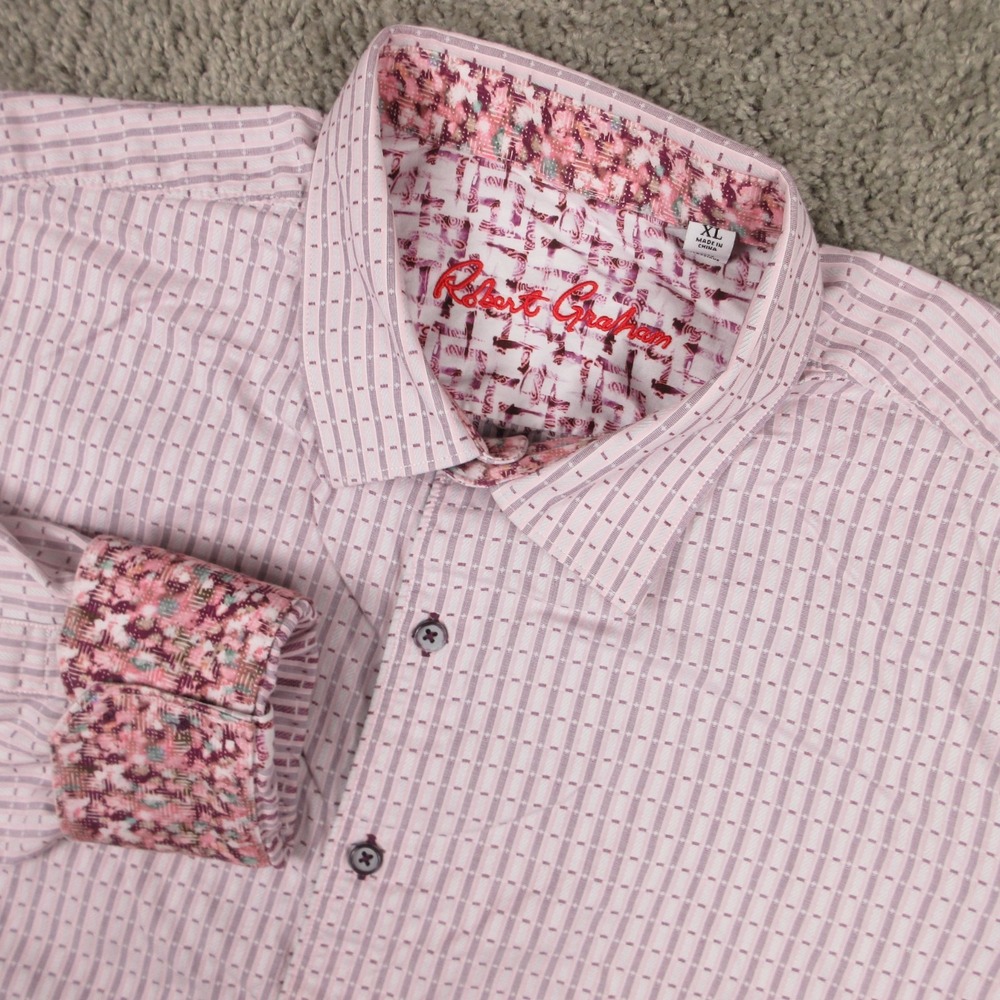 Robert Graham Shirt Mens XL Pink Stripe Flip Cuff Party Printed Cotton Button Up